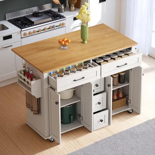 Carrito de Cocina Multifuncional con Encimera Abatible, Ampliable, con 5 Cajones, Armarios, Especiero y Toallero, sobre Ruedas – Isla de Cocina para Cocina, Comedor y Salón (White)