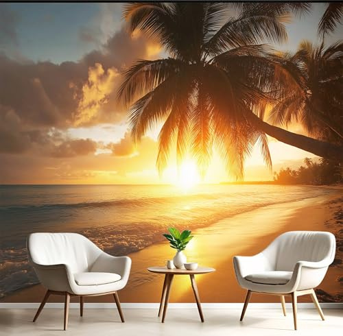 GSAEIMCT 3D Effect Wallpaper Golden Yellow Sunny Palm Trees 150X105Cm,Art Murals Photo Wall Mural Beach Scenery for Living Room Bedroom Decor Children's Room Home Landscape Background Decoration