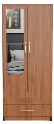 Fully Assembled 2 Door Modern 1 Mirrored Wardrobe with 2 Drawer Wardrobe – Freestanding Bedroom Storage Cabinet with Hanging Rail, 78W x 184H x 50D cm,Multiple Colours Available (OAK)
