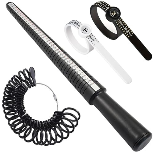 Plastic Ring Sizer Gauge Tool Set, UK Finger Sizing Measurer Loop Jewelry Ring Mandrel Measuring Stick and 2 PCS A-Z UK SIze Reusable Finger Size Tape with Magnified Glass for Women Men