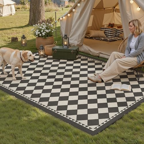 PureCozy Outdoor Teppich Wetterfest 120x180cm Schwarz Beige Waschbar | Outdoorteppich,Wetterfest,Waschbar,Rutschfest,Jute Optik,für Balkon,Garten,Terrasse,Wohnzimmer