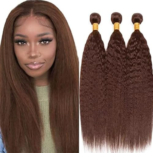 Hxxcoup 28 30 32 Inch Extensions Echthaar Tressen Human Hair Bundles Yaki Wave Human Hair Bundles for Sew #4 Chocolate Brown Color Weft Extensions Echthaar for Women Minimal Smell Low Tangle