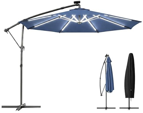 Outsunny Parasol de jardin déporté de 3 m avec lumière solaire LED - Parasol déporté rond avec 6 positions de rotation à 360° - manivelle - Inclinable - Parasol bananier pour extérieur, bleu marine