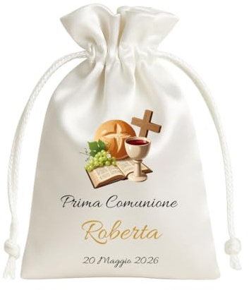 Cormar Sacchetti Bomboniere Cresima Personalizzati – Set 12 Pezzi, 9x12 cm, Colore Bianco con Ricamo Elegante (BIBBIA+UVA E CALICE)