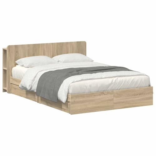 vidaXL Bettgestell mit Stauraum mit Kopfteil Sonoma-Eiche 150 x 200 cm, Modernes Schlafzimmer, rechteckige Form, Holzbettgestell, platzsparender Stauraum, funktionale Basics