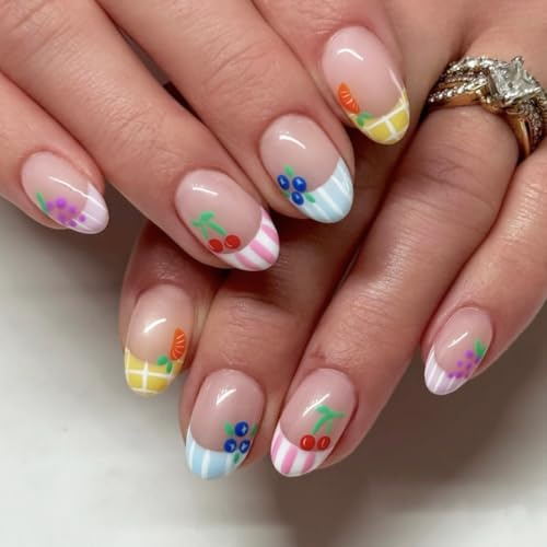 Short Press on Nails Almond Shape - 24PCS Summer Fruit False Nails with Glue - Pastel Color Short Oval Fake Nails - 12 Sizes Soft Gel Stick on Nails for Women Daily Wedding Wear