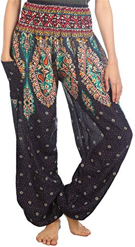 Lofbaz Damen Haremshose Yogahose Pumphose Hippie Hose Boho Kleidung Festival Outfit Sommerhose Leicht Sommer Hosen - Floral 3 Dunkelblau L