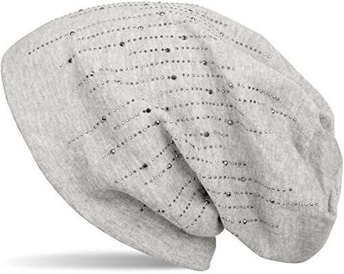 styleBREAKER Damen Beanie Mütze mit Strass Nieten im edlen Streifen Design, Slouch Longbeanie, Stoffmütze Einfarbig 04024086, Farbe:Hellgrau meliert