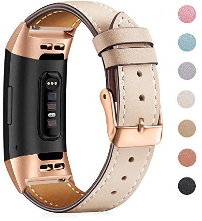 Mornex Strap Compatible for Fitbit Charge 3 Strap/Charge 3 SE/Charge 4 Leather Band, Classic Adjustable Replacement Wristband Fitness Accessories Metal Connectors,Rose Gold-Beige
