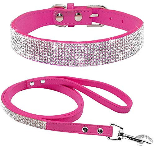 haoyueer Hundehalsband aus weichem Wildleder, schillernd, funkelnd, elegant, ausgefallen, mit Strasssteinen besetzt, für Haustiere, Welpen, Katzen, Hunde, Kombi-Set mit Leine (XXS, Hot Pink)