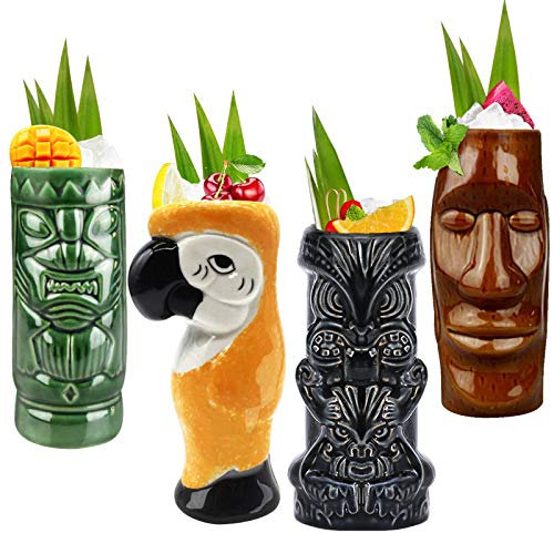 Tiki Mugs - Set di 4 bicchieri grandi in ceramica hawaiana Luau Party tazze Drinkware, graziosi bicchieri da cocktail esotici, Tiki Bar Professional Hawaiian Party Barware