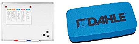 BoardsPlus Magnetisches Whiteboard 60 x 45 cm, Mit Aluminiumrahmen und Stifteablage, Tocken Abwischbar, Wiederbeschreibbar & Dahle Whiteboard Schwamm (Magnetischer Wischer für Trockenreinigung) blau