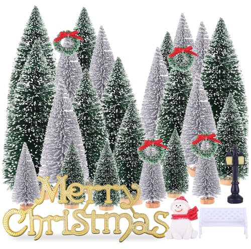 UNIPRIMEBBQ Miniatur-Weihnachtsbaum-Flaschenbürste, Bäume, Holzsockel, Baum für Ihr Dorf, Schreibtisch, Weihnachten, Urlaub, Party