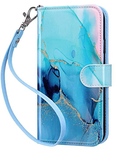 ULAK Wallet Case Compatible with iPhone 11, Flip Case with Card Holder PU Leather + TPU Bumper Stand Cover Kickstand Full Protective Phone Case for iPhone 11 6.1 inch - Blue Marble