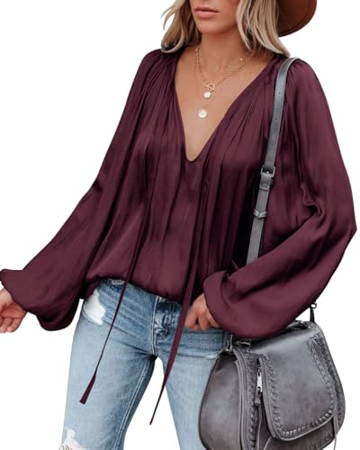 LAMISSCHE Womens Sexy Deep V Neck Blouse Lantern Long Sleeve Chiffon Shirt Oversized Drawstring Silk Satin Tunic(Dark Wine,2XL)
