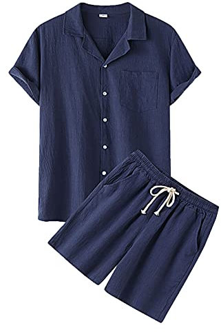 Ni_ka Ensembles De Pyjama Homme Taille Elastique Pantalon Et T Shirt Ensemble De Shorts De Chemise à Col Ouvert Et à Manches Courtes De Couleur Unie Casual Suit éTé Noir Kaki Taille S à 2XL