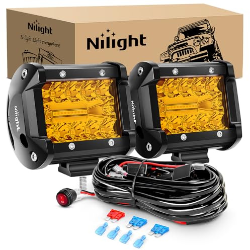 Nilight 2PC 4Inch Amber Led Pods Triple Row 60W Flood Spot Combo Driving Fog Lights with 16AWG Wiring Harness-2 Leads for Offroad Pickup Trucks Jeep ATV UTV SUV, 2 Years Warranty
