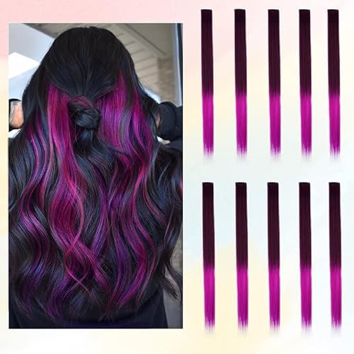 BARSDAR Coloured Hair Extensions for Women, 10 PCS Colored Clip in Hair Extensions Rainbow Party Highlights Synthetic Hairpieces 21 Inch Black to Rose Pink Gradient Extensions