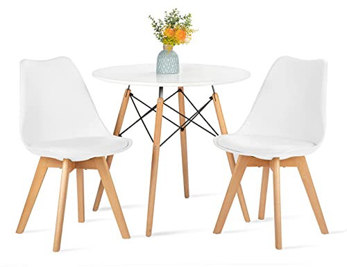 FURNITABLE Set aus Runder Esszimmertisch mit 2 Weißer Stühlen, Esszimmergruppe für Esszimmer Küche Wohnzimmer