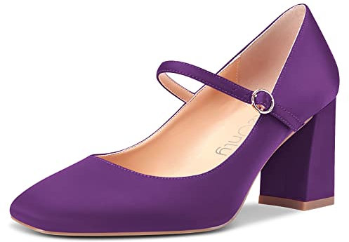 NobleOnly Donna Alto High Chunky Blocco Tacco Heel Quadrata Punta Sandali Mary Jane Fibbia Pumps da Matrimonio Ufficio Cute Scarpe Viola 35 EU