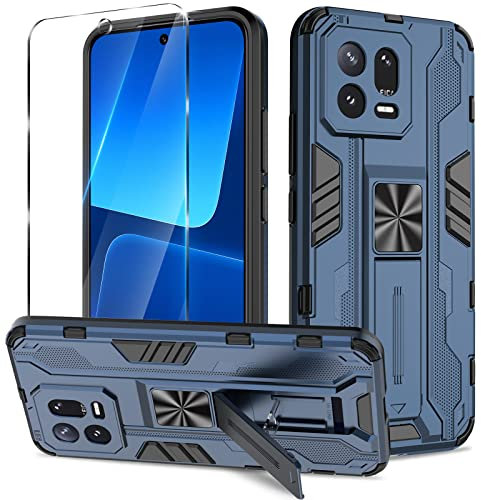 Btstring Hülle für Xiaomi 13 mit Panzer Schutz Glas, Militär Standard Cover Case Standfunktion Handy Hüllen- Blau