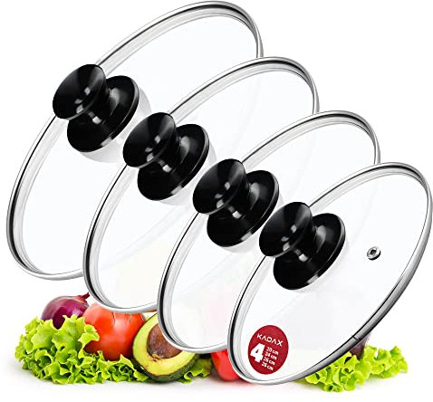 KADAX Lot de couvercles universels en verre avec poignée, résistants à la chaleur, de différentes tailles, pour casserole, poêle, 20, 24, 26 et 28 cm, poignée noire brillante