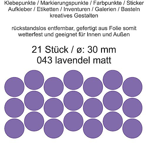 Aufkleber Etiketten Klebepunkte aus Folie 21 Stück lavendel matt rund 30 mm selbstklebend farbig wetterfest Decal Markierungen Organisieren DIY basteln verzieren Modellbau Scrapbooking