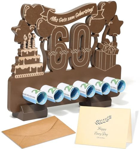 ROADPLUM Geldgeschenke Geburtstag 60 Holz mit Segnen Grußkarte Umschlag, Geschenke zum 60. Geburtstag Mann Frau Freunde Familie Kollege, 60.Ter Geburtstag Gästebuch (schokoladenfarben, 60)
