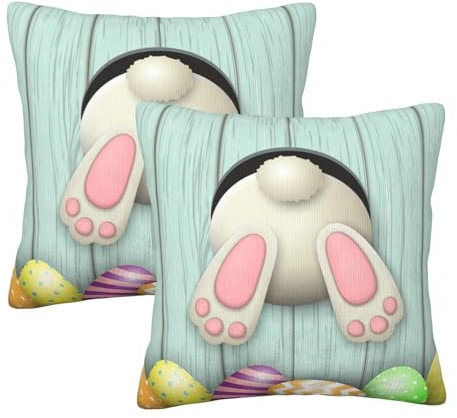 HOYYU Dekorative Kissenbezüge mit Ostereiern, Hasenschwanz, weicher Samt, für Sofa, Couch, Bett, Auto, Schlafzimmer, Frühling, Ostern, 45,7 x 45,7 cm, 2 Stück