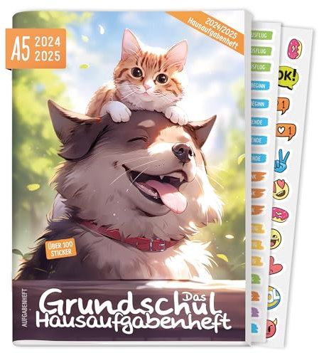 Lernfreunde Hausaufgabenheft Grundschule 2024/2025 A5 Tierfreunde Grundschul-Hausaufgabenheft inkl. Lerntipps, Denkspiele & Sticker - nachhaltig & klimafreundlich