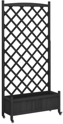 vidaXL Black Solid Fir Wood Planter with Trellis and Wheels - Rectangular Patio Planter for Outdoor Garden, Terrace - 90x35x187.5cm