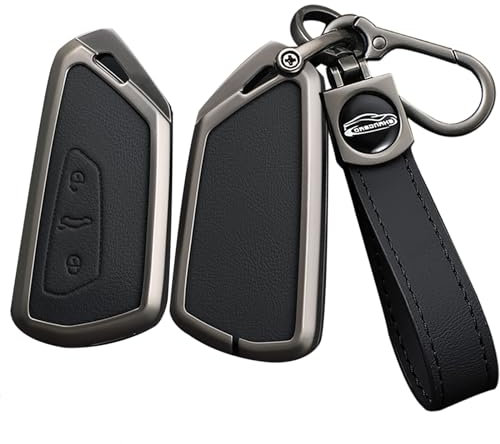 ontto Coque de clé de voiture pour VW Golf 8 R ID4 ID5 ID.7 Seat Leon FR Mk4 Cupra Formentor pour Skoda Octavia A8 MK8 Alliage de zinc Cuir Housse de protection en cuir Accessoires 3 boutons B Noir