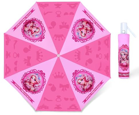 Regenschirm Kinder Mädchen mit Niedlichem Muster, Kinderschirm Reflektierend mit Schirmhülle & Auf-Zu-Automatik, Taschenschirm Winddicht Sturmfest für Jungen Leicht zu Transportieren-Rosa Prinzessin