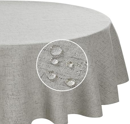 Deconovo Abwaschbare Tischdecke Leinenoptik Tischdecken Lotuseffekt Tischwäsche für Esszimmer Küche Wohnzimmer Garten pflegeleicht Tischtuch Wasserabweisende, Rund 140 cm, Leinen, 1 Stück