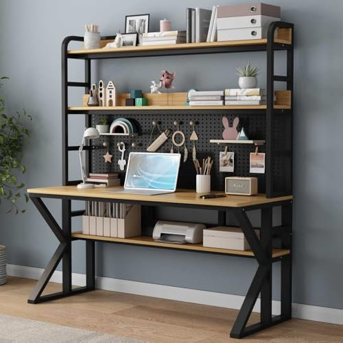 Bureau d'ordinateur en bois massif avec étagères de rangement et panneau perforé – Grande table de poste de travail robuste et moderne pour bureau à domicile