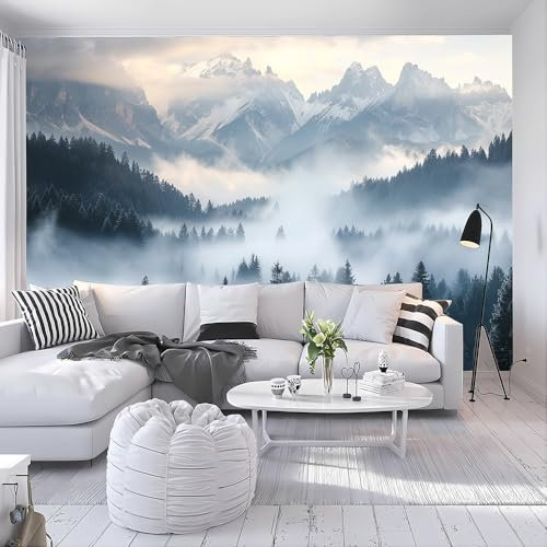 SIJIFACAI Papier peint autocollant amovible pour salle de bain Motif chaîne de montagnes brumeuses et forêt
