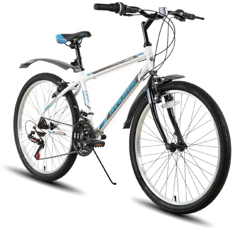 Hiland 24 Zoll Mountainbike für Männer Frauen, 21 Gänge High-Carbon Stahlrahmen, MTB-Fahrrad für Erwachsene Weiß