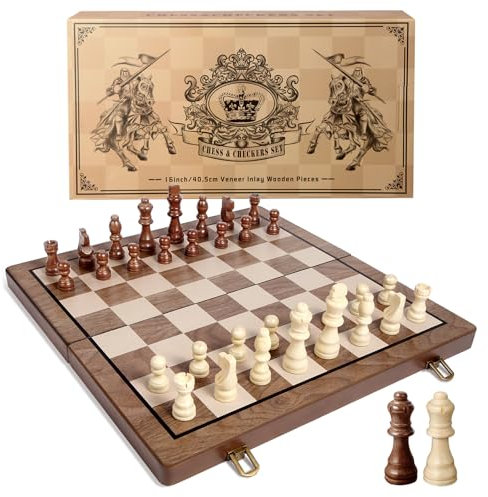 Sihaiyuan Chess Set Age 3+, 15'' Magnetic Wooden Chess Board, Travel Chess Set for Adults & Kids, 2-in-1 Chess and Checkers Board Game