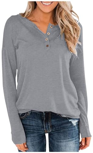 NZYIHAO Camiseta de Manga Larga para Mujer, Cuello de Pico con Botones, Blusa Monocolor de Invierno, Ligera e Informal, Túnica en Tallas Grandes