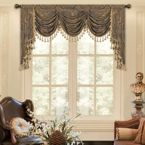 TOPLUXE Swag Volant Vorhang für Schlafzimmer Esszimmer Wohnzimmer Küche, Damast Kurzstore Waterfall Volant-Vorhang für Fenster 1 Stück (Breite 200cm, Grau & Gold)