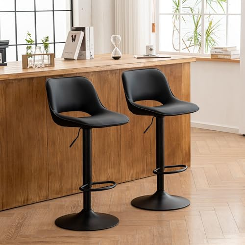 YOUNIKE Bar Stools Set of 2 Black Modern Swivel Barstools, Adjustable Counter Height Bar Chiars Faux Leather Upholstered High Stools with Hollow Back for Kitchen Island