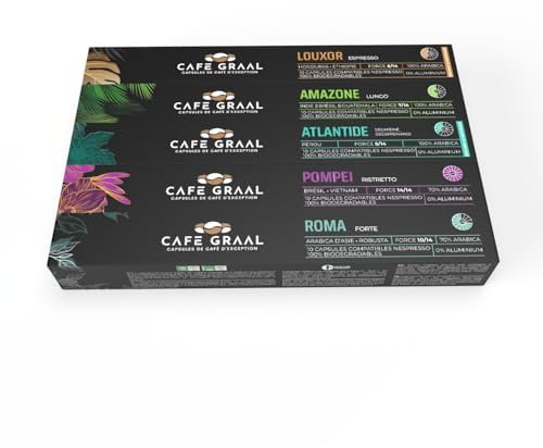 Cafegraal – Coffret de 50 Capsules Compatibles avec Nespresso | 5 Cafés Gourmands aux Arômes Intenses | Compostables, Biodégradables | Torréfaction Artisanale | Sans Aluminium