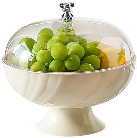 Stibzeup Cream White 9.7x9.5 Inch Large Fruit Bowl with Lid, Clear Fruit Basket with Draining Holes, Decorative Pedestal Bowl for Kitchen Counter, Vegetable Breads Snacks
