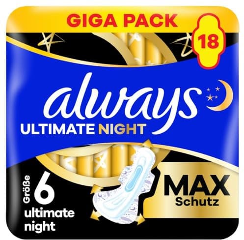 Always Damenbinden Ultimate Night (Größe 6) Mit Flügeln 18 Stück, Super Saugfähig, Für Die Periode