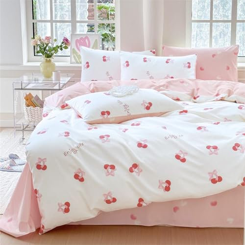 Freyamy Kinderbettwäsche 135x200cm 2teilig Weiß Rosa Kirsche Fliege Mädchen Wende Bettwaren-Sets Microfaser Kirschemuster Kinder Bettbezug mit Reißverschluss und Kissenbezug 80x80cm