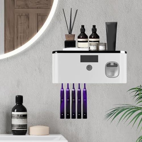 Zahnbürstenhalter,Zahnbürstenhalter zur Wandmontage mit Automatischem Zahnpastaspender,Zahnbürstenhalter Sterilisator für 5 Zahnbürsten,Halter für UV-Zahnbürsten-Desinfektionsmittel（Grau+Schwarz）