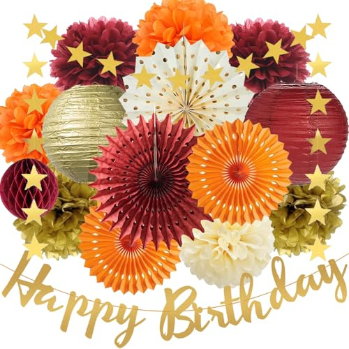 Herbst Geburtstags Party Dekorationen Rot Orange Gold Seidenpapier Pompons Deko Burgund Gold Papierlaternen Papierfächer Satr Papier Girlande für Hochzeit Geburtstag Thanksgiving Party Deko