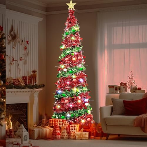 Árbol de Navidad Artificial, 1,5 m Oro Rosa Artificial, decoración navideña Brillante espumillón Artificial Plegable (Estilo Rojo Verde)
