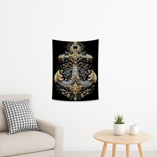 Arazzo ornamentale con ancore, nero e oro, da appendere alla parete, stile nautico bohémien, per casa, camera da letto, soggiorno, arte da parete, 76 x 101 cm