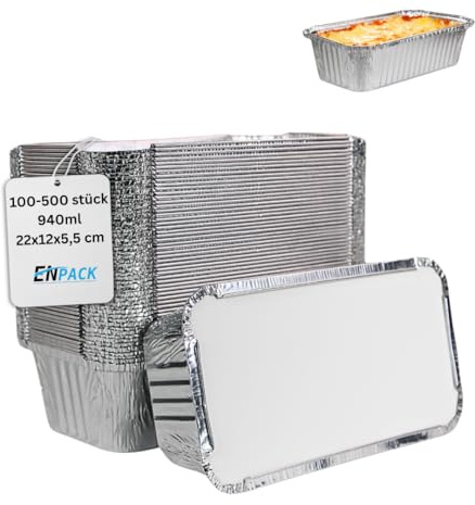 Enpack Aluschale R14/901L - Aluschalen mit Deckel 22x12x5,5 cm - Menüschale - 940 ml Füllmenge - Form für Lebensmittel - Grillschalen - Einwegverpackungen - Einmalbehälter für Pasta (100, mit Deckel)
